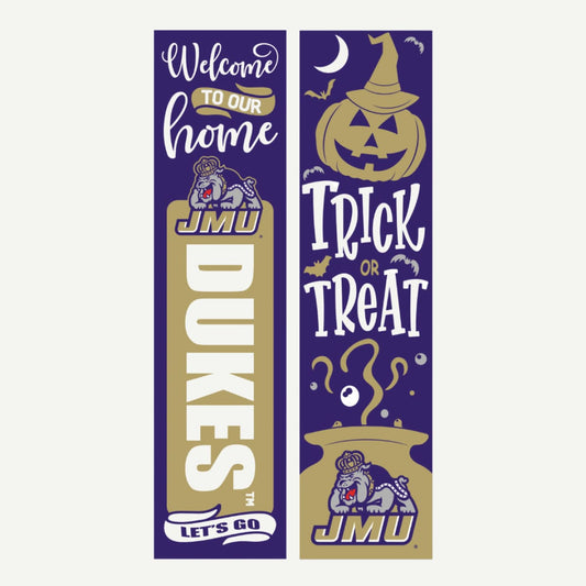 JMU 47" Halloween double-sided leaner with team colors and spooky seasonal designs.