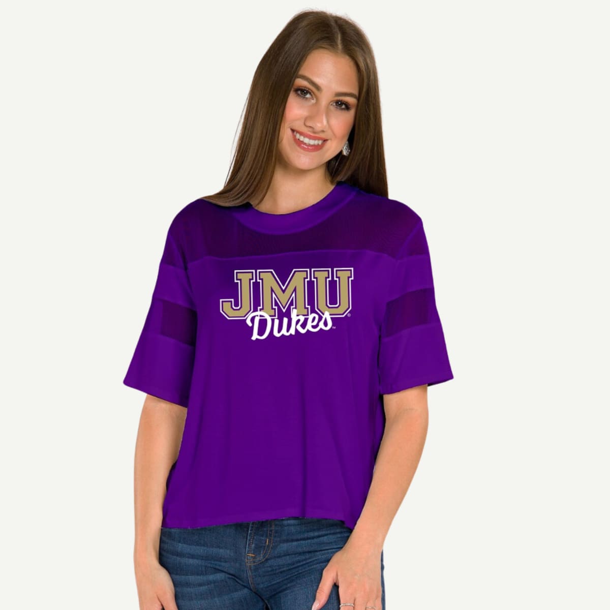 JMU Women's Apparel, JMU Avery Mesh Top Tee, Cotton Spandex Blend, Elbow-Length Sleeves, Scoop Neck, Mesh Cutouts, Chic Jersey