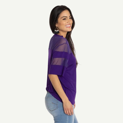 JMU Women's Apparel, JMU Avery Mesh Top Tee, Cotton Spandex Blend, Elbow-Length Sleeves, Scoop Neck, Mesh Cutouts, Chic Jersey