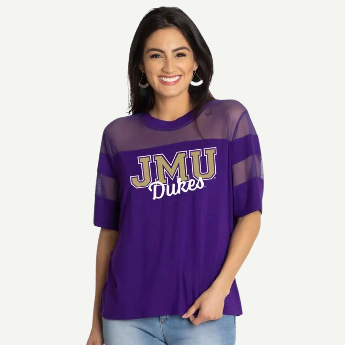 JMU Women's Apparel, JMU Avery Mesh Top Tee, Cotton Spandex Blend, Elbow-Length Sleeves, Scoop Neck, Mesh Cutouts, Chic Jersey