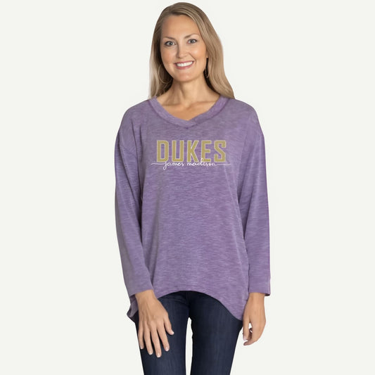 JMU Women's Apparel, JMU Bailey V-Neck Ruched Top, Oversized Fit, Button Cuff Sleeves, Unique Rib Knit Fabric, Made in the USA, Versatile Tunic, Size Down for Perfect Fit