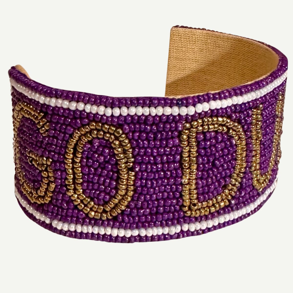 JMU Beaded Cuff featuring purple, gold, and white beadwork with the bold "GO DUKES" slogan.