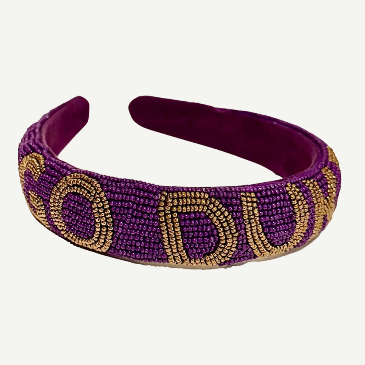 JMU Beaded Headband with purple and gold beadwork featuring the "Go Dukes" lettering.