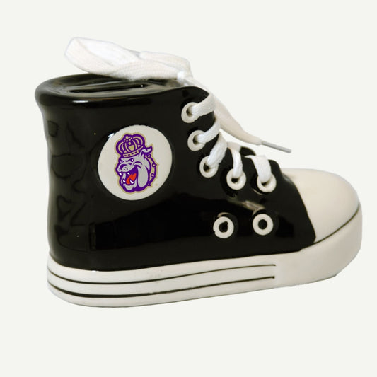 JMU Shoe Bank Black – A black sneaker-shaped bank with white laces and a JMU Dukes logo.