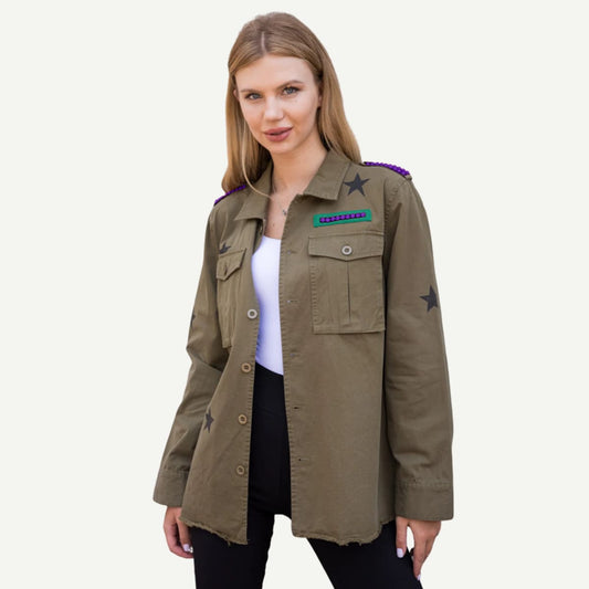 Model wearing the JMU Bling Shacket, an olive-green cotton jacket with crystal Duke Dog details and black star accents.