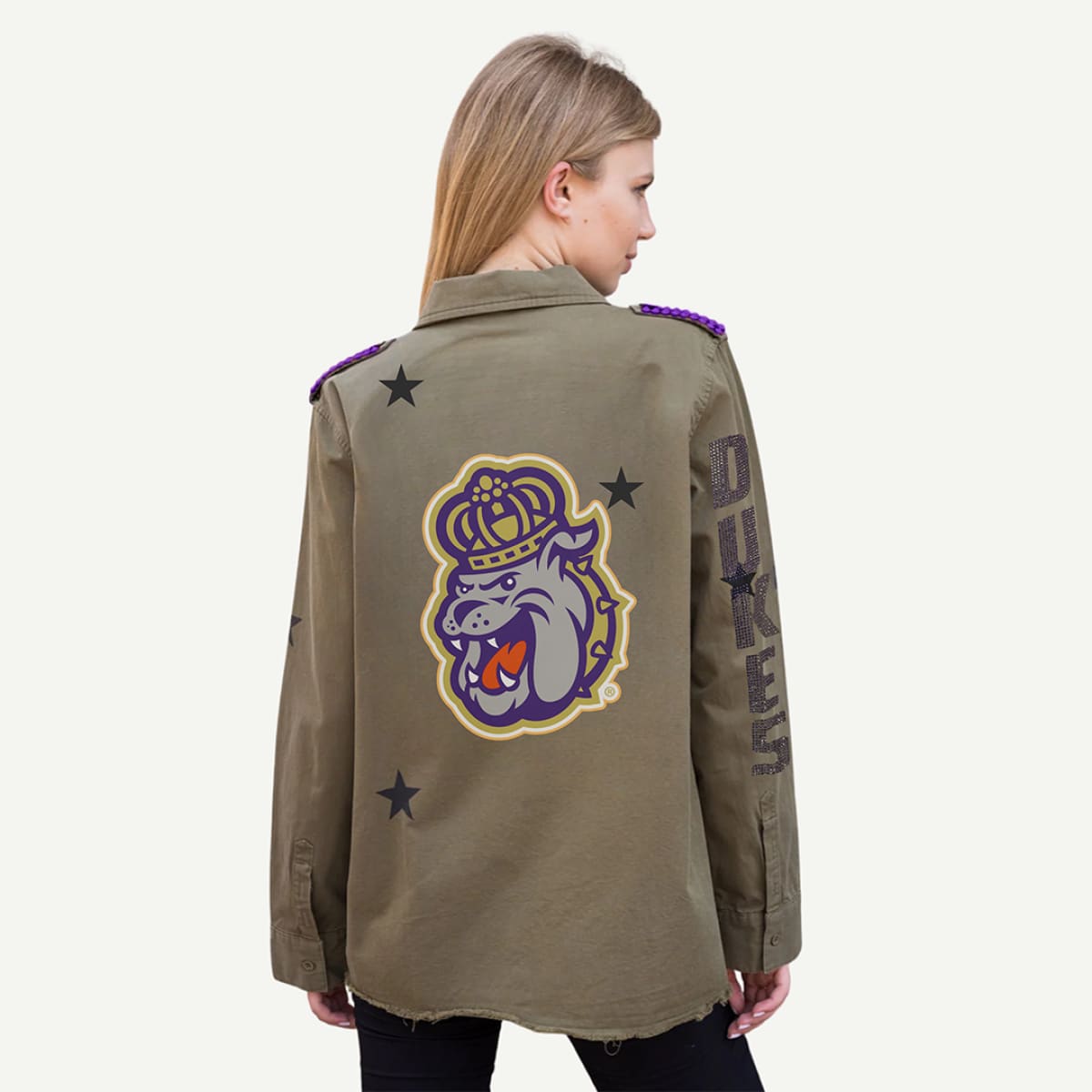 Model Back view of the JMU Bling Shacket, showcasing unique embellishments and a bold JMU design.