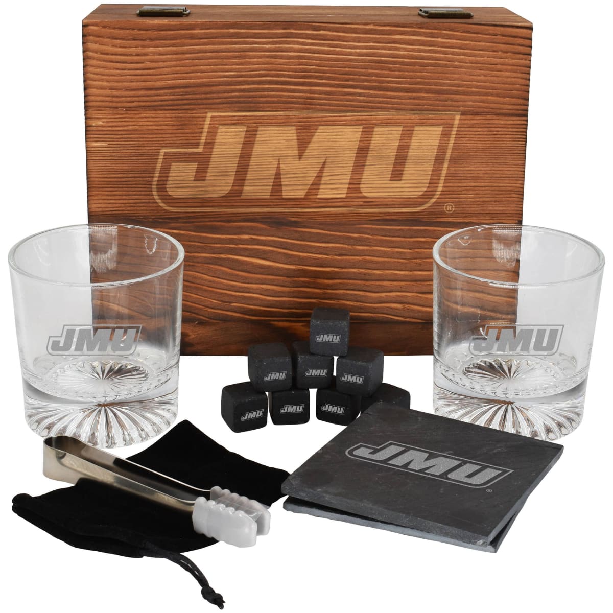 JMU branded glassware set with wooden box, glasses, ice cubes, tongs, and napkins on a white background.