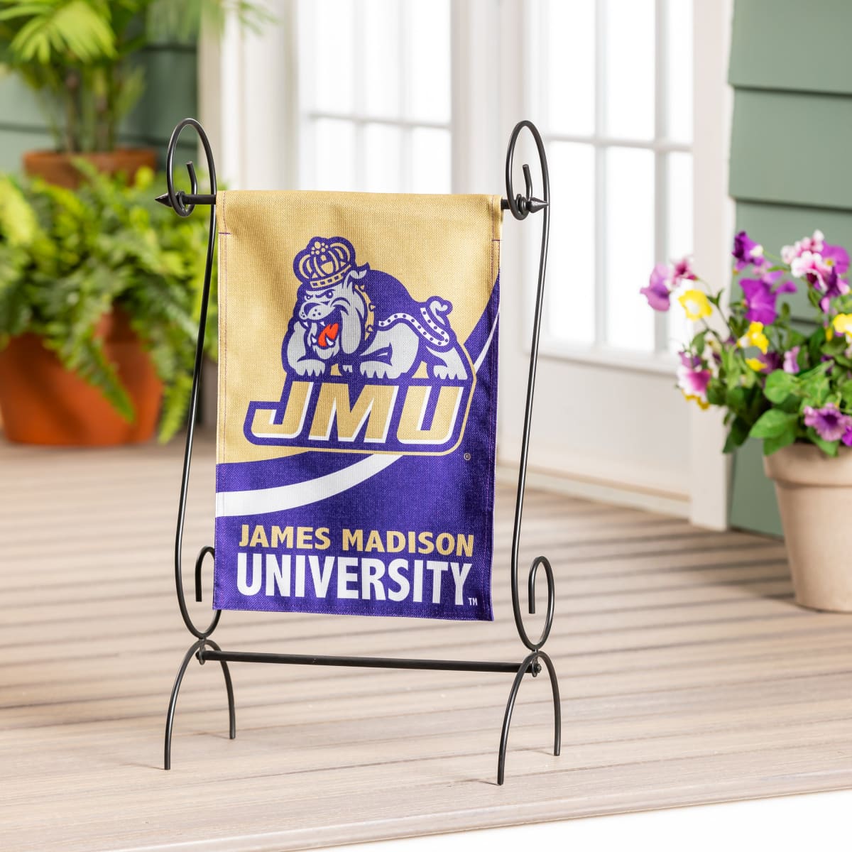 JMU Burlap Garden Flag – Durable, weatherproof flag featuring JMU team colors. Perfect for game days, home décor, or tailgating.-with stand