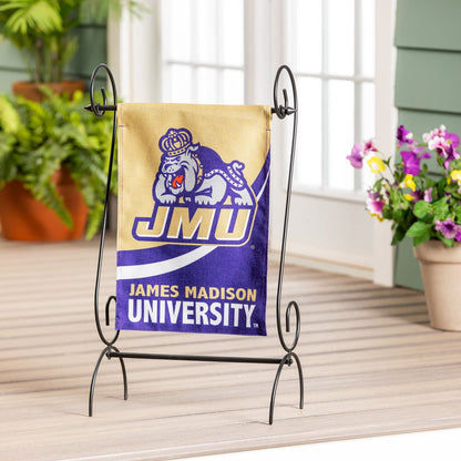 JMU Burlap Garden Flag – Durable, weatherproof flag featuring JMU team colors. Perfect for game days, home décor, or tailgating.-with stand