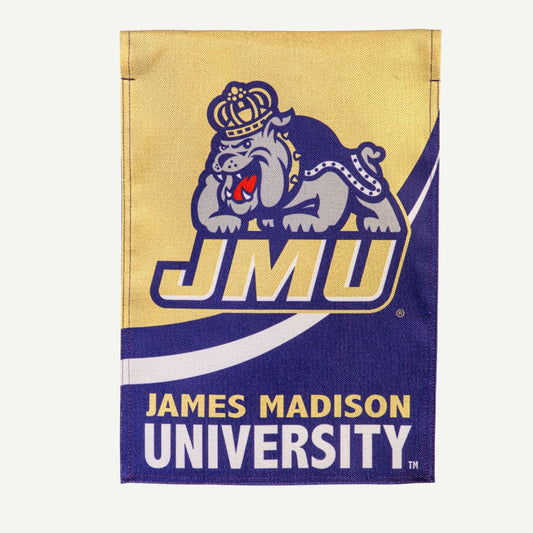 JMU Burlap Garden Flag – Durable, weatherproof flag featuring JMU team colors. Perfect for game days, home décor, or tailgating.-front