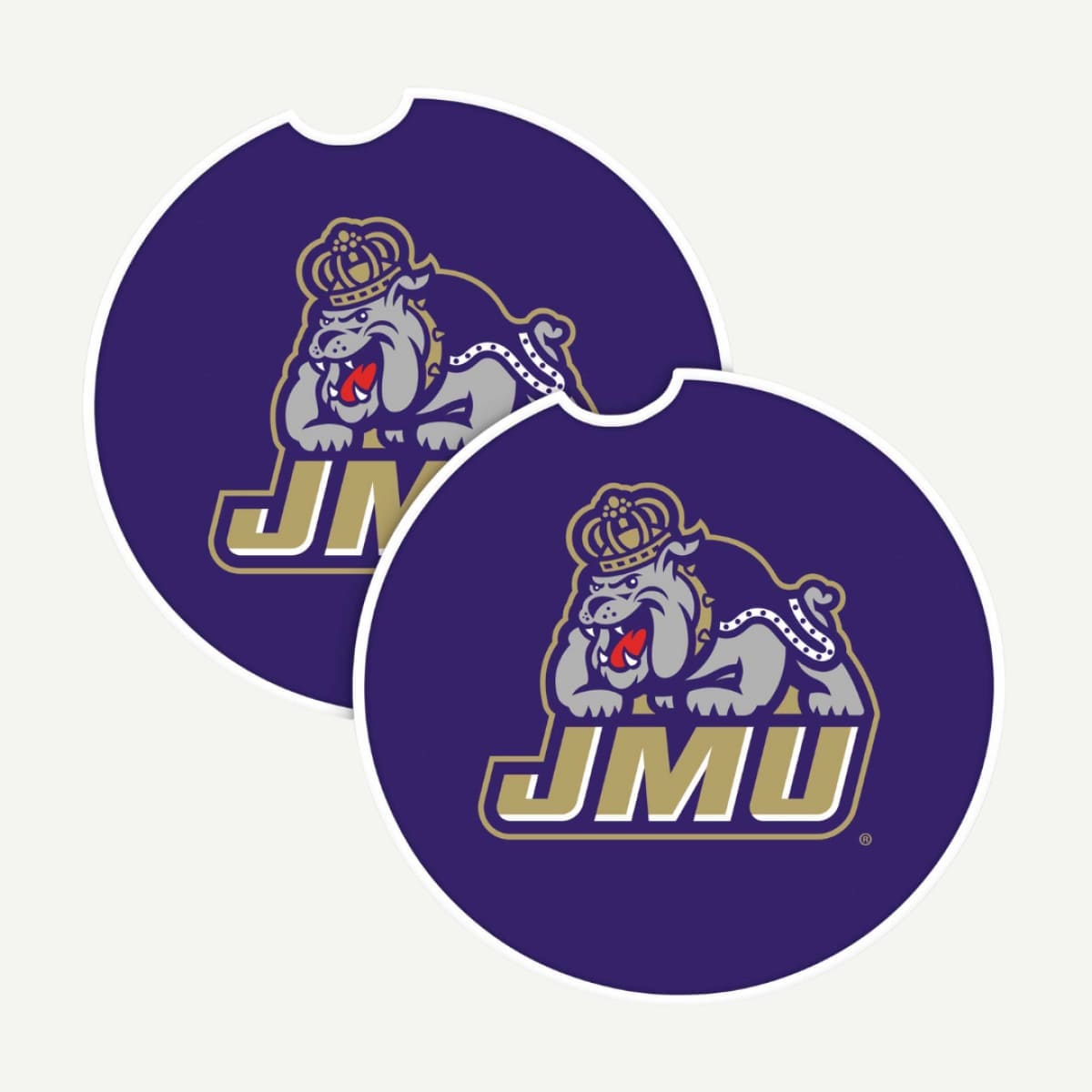 Purple JMU car coaster with Duke Dog logo and bold gold lettering.