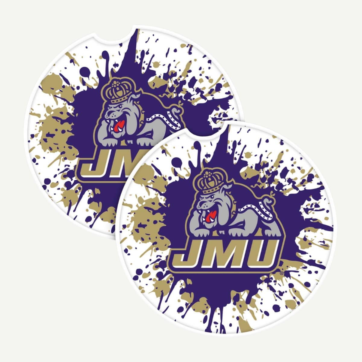 JMU car coaster with a purple and gold splatter design and Duke Dog logo.