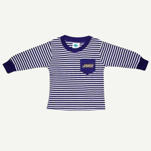 JMU Children's Embroidered Striped Pocket Long Sleeve Tee, Official JMU Kids Apparel, Striped Design, Embroidered Logo Pocket, Long Sleeve Shirt, Solid Rib Knit Sleeves, Kids Fashion