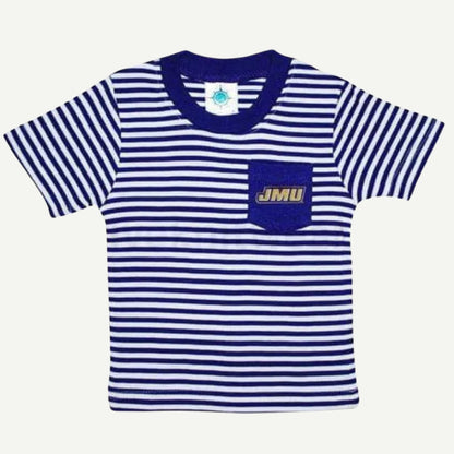 JMU Children's Striped Pocket Short Sleeve Tee, Official JMU Kids Apparel, Super Soft Cotton Tee, Striped Design, Embroidered Logo Pocket, Pullover Shirt