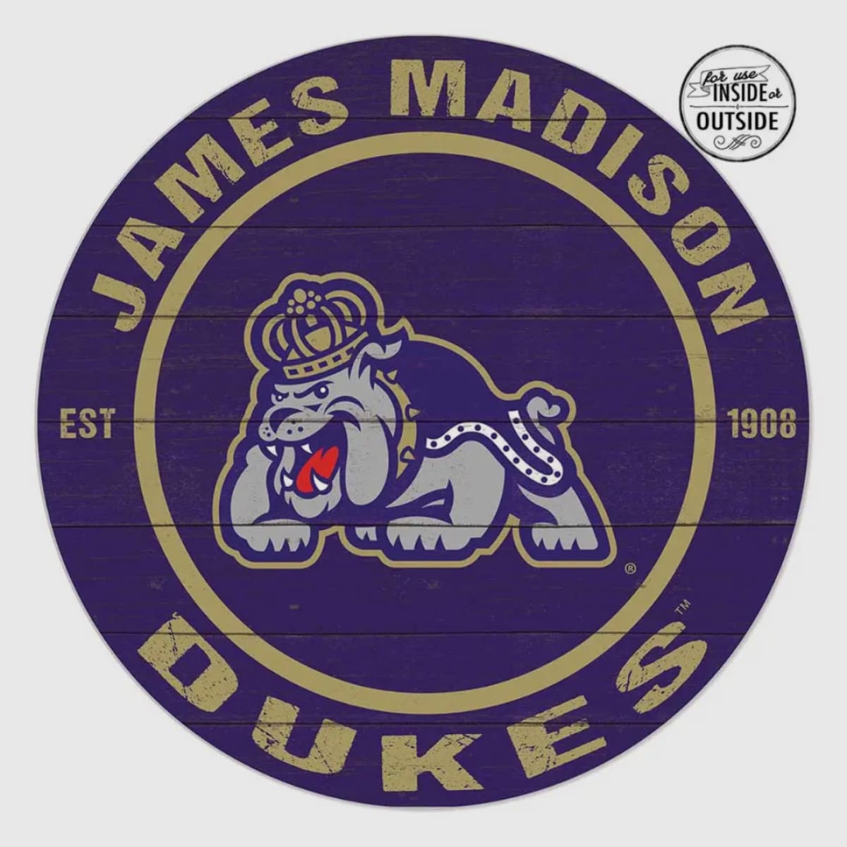 Round logo with 'James Madison Dukes' text and bulldog illustration on a purple background