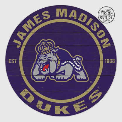 Round logo with 'James Madison Dukes' text and bulldog illustration on a purple background
