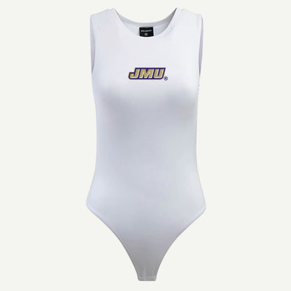 JMU Contouring Bodysuit – A fitted, double-layered cotton rib bodysuit with a screenprint JMU logo and a thong-cut bottom for a seamless fit.-WHITE