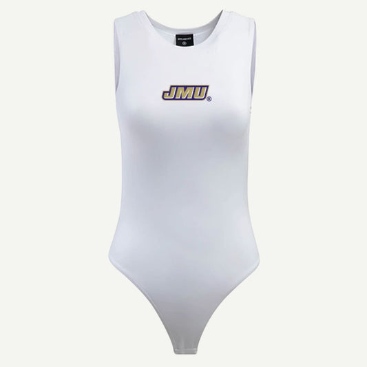 JMU Contouring Bodysuit – A fitted, double-layered cotton rib bodysuit with a screenprint JMU logo and a thong-cut bottom for a seamless fit.-WHITE
