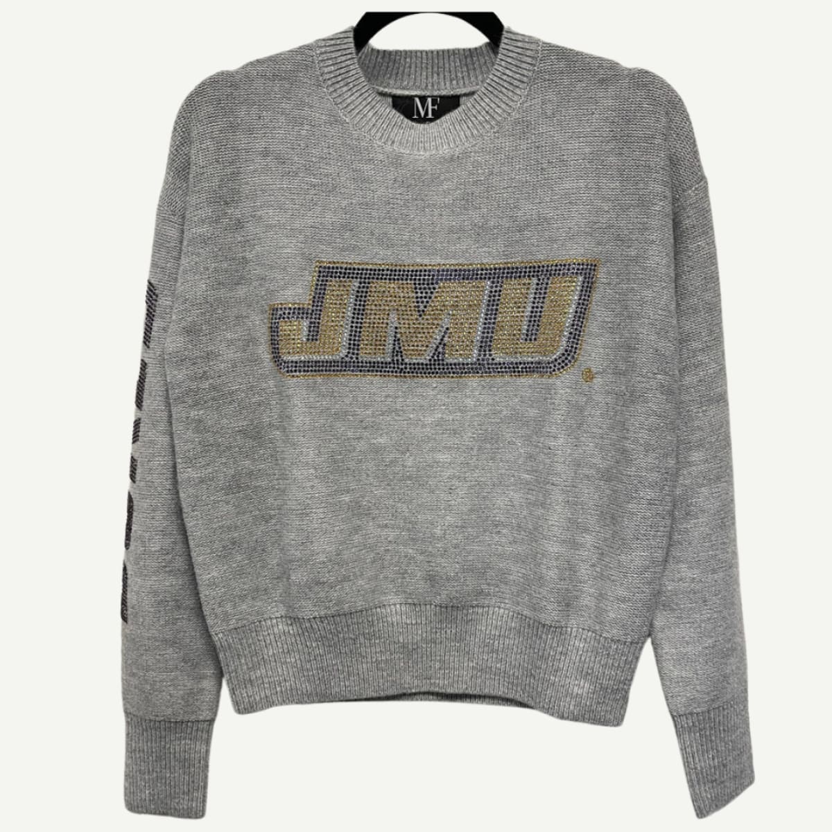 JMU crewneck sweater with a lightweight knit design and crystal-embellished JMU Dukes logo.