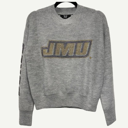 JMU crewneck sweater with a lightweight knit design and crystal-embellished JMU Dukes logo.