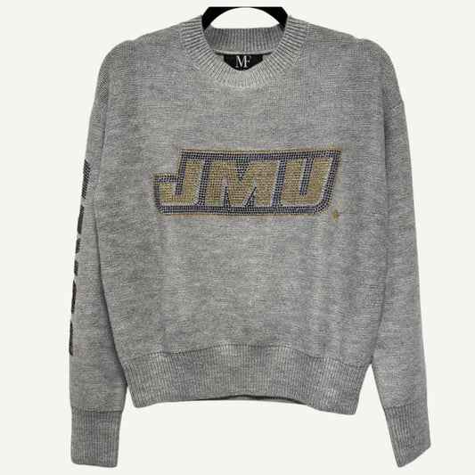 JMU crewneck sweater with a lightweight knit design and crystal-embellished JMU Dukes logo.