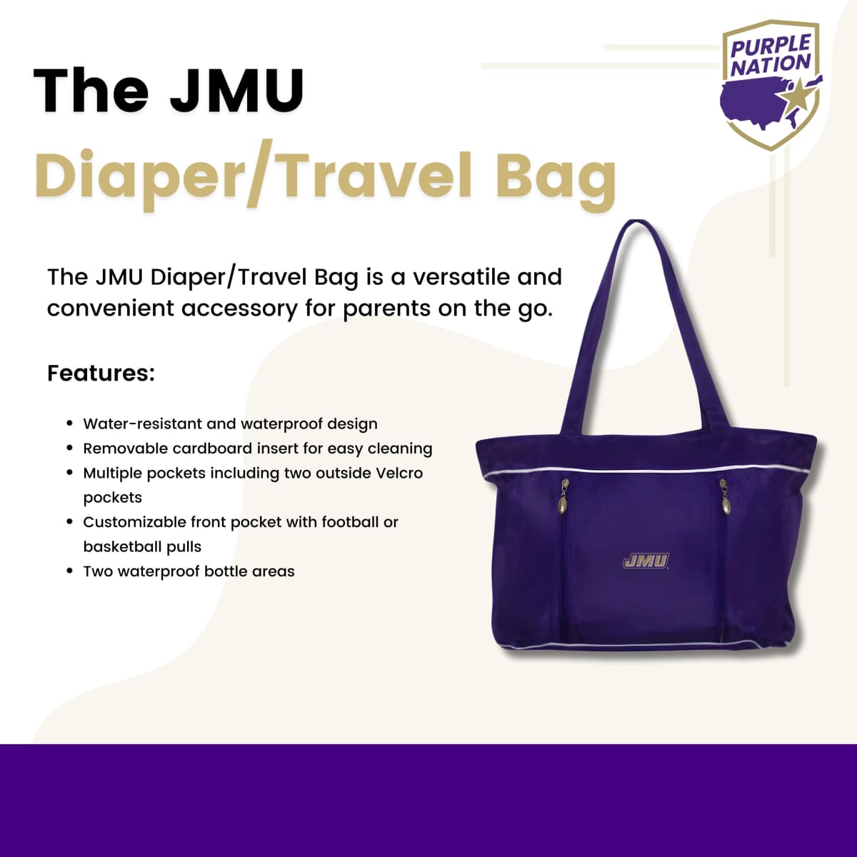 JMU Parent Travel Bag, Waterproof Diaper Bag, Embroidered Team Logo, Multiple Pockets, Washable Insert, Bottle Pockets, Zip Closure with Sport Pulls, Changing Pad Attachment