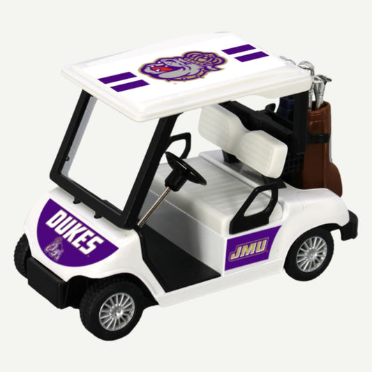 Mini JMU golf cart collectible with Dukes and JMU logos, white body, and golf clubs in the back.