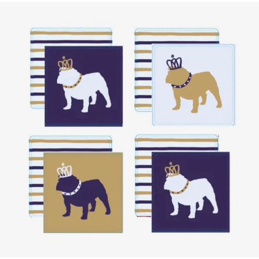 Set of four coasters with bulldog illustrations and crowns on a striped background.