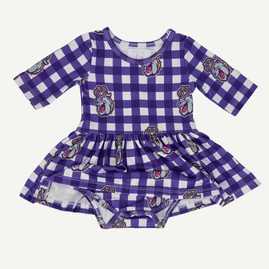 Purple and white checkered baby outfit with logos on a white background