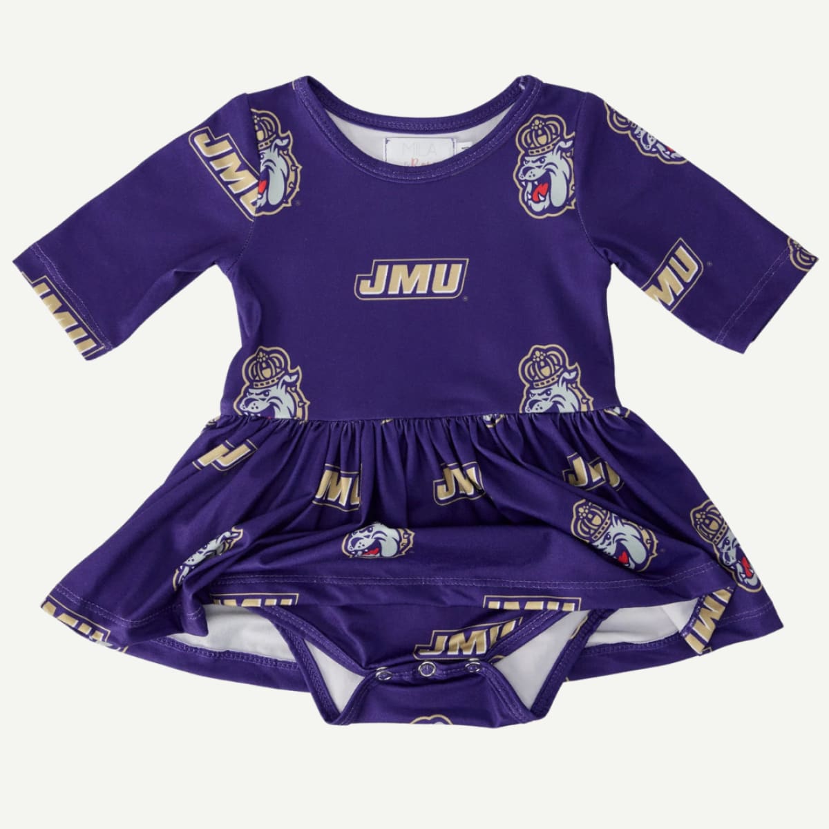 Purple baby outfit with JMU logo and design on a white background