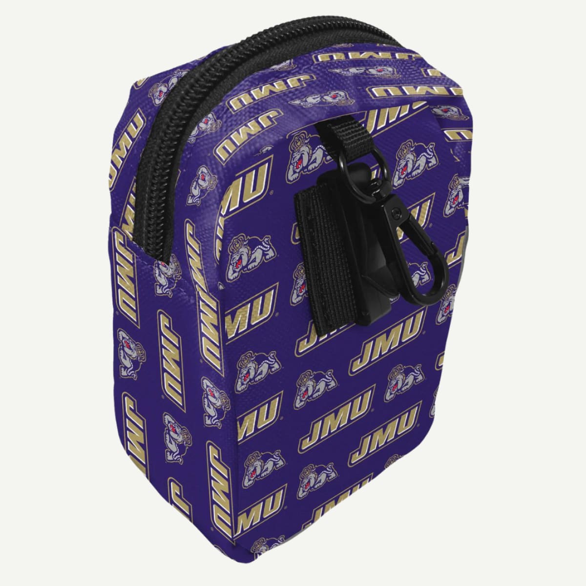 James Madison Dukes Treat Pouch with JMU logos and a secure clip, perfect for carrying pet treats.