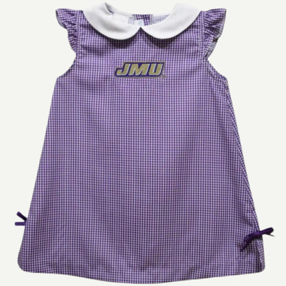 JMU Dukes A-Line Dress, Purple Gingham Dress, Embroidered JMU Logo, Collegiate Apparel, Cotton-Polyester Blend, Lightweight Dress, School Spirit Clothing, Official JMU Dress, Game Day Outfit, Made in El Salvador