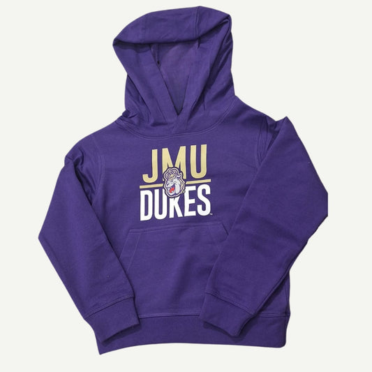 JMU Dukes Kids Hoodie in purple with a bold JMU logo, available in sizes 2T, 3T, 4T, XS, S, M, L, and XL for young fans to show their Duke spirit.