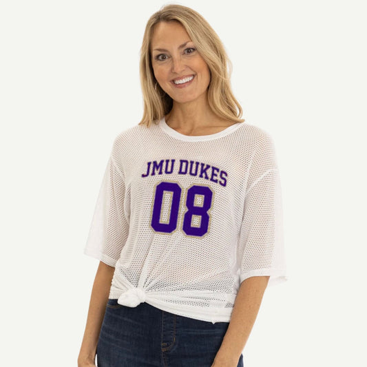 JMU WOMENS APPAREL, JMU Dukes Mesh Mallory Jersey, Cream Color, Oversized Fit, Scoop Neck, Open-Holed Mesh Fabric, Game Day Apparel