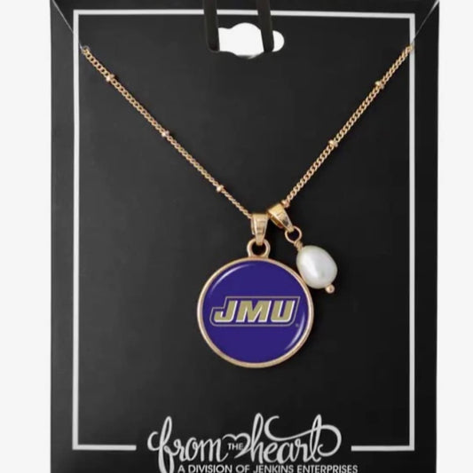 Necklace with blue pendant and pearl charm on a black card, featuring 'JMU' and 'from the heart' branding.