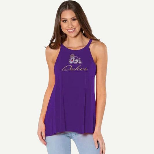 JMU Dukes Purple Princess Seam Flowy Tank, JMU Women's Apparel, Purple Nation, Sizes XS-XXL, Halter Neckline"