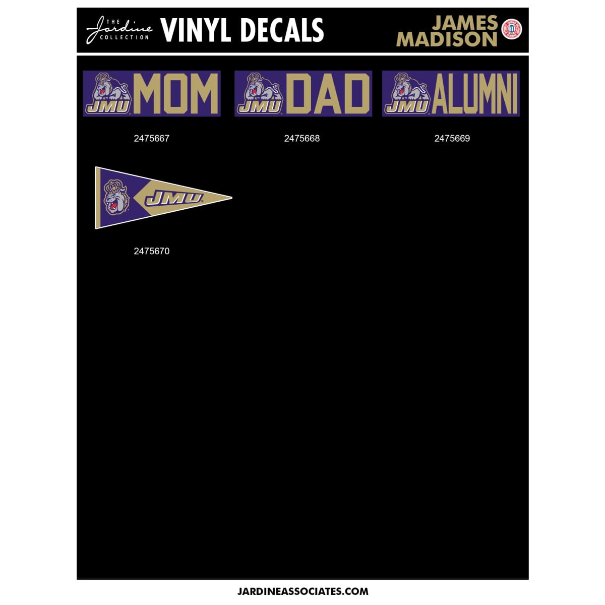 Proudly display your JMU Dukes pride with versatile and vibrant vinyl car window clings. Perfect for moms, dads, alumni, and fans, these high-quality decals decorate your vehicle, showing your JMU community membership.