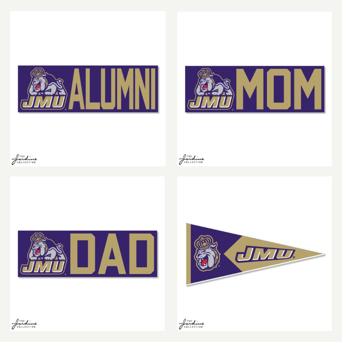 A variety of versatile and vibrant vinyl car window clings featuring JMU Dukes pride. Perfect for moms, dads, alumni, and fans, these high-quality decals decorate your vehicle, proudly showing your JMU community membership