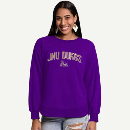 JMU Women's Apparel, JMU Dukes Yvette Yoke Crewneck Sweatshirt, Relaxed Fit, Balloon Sleeves, Front and Back Yoke Detailing, French Terry Fabric, Ribbed Cuffs, Purple Sweatshirt