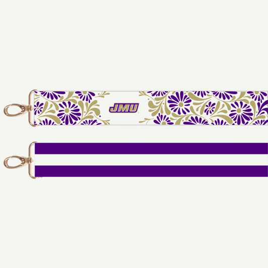 JMU Floral Strap – an adjustable, floral-printed bag strap with brass-finished hardware, perfect for game day. Made in the USA.