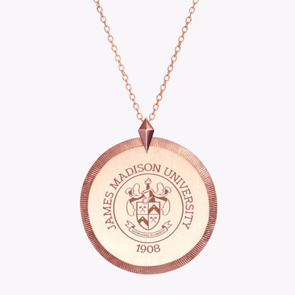 "Close-up of JMU Florentine Necklace, chic pendant design, Italian engraved lines, Kyle Cavan Jewelry