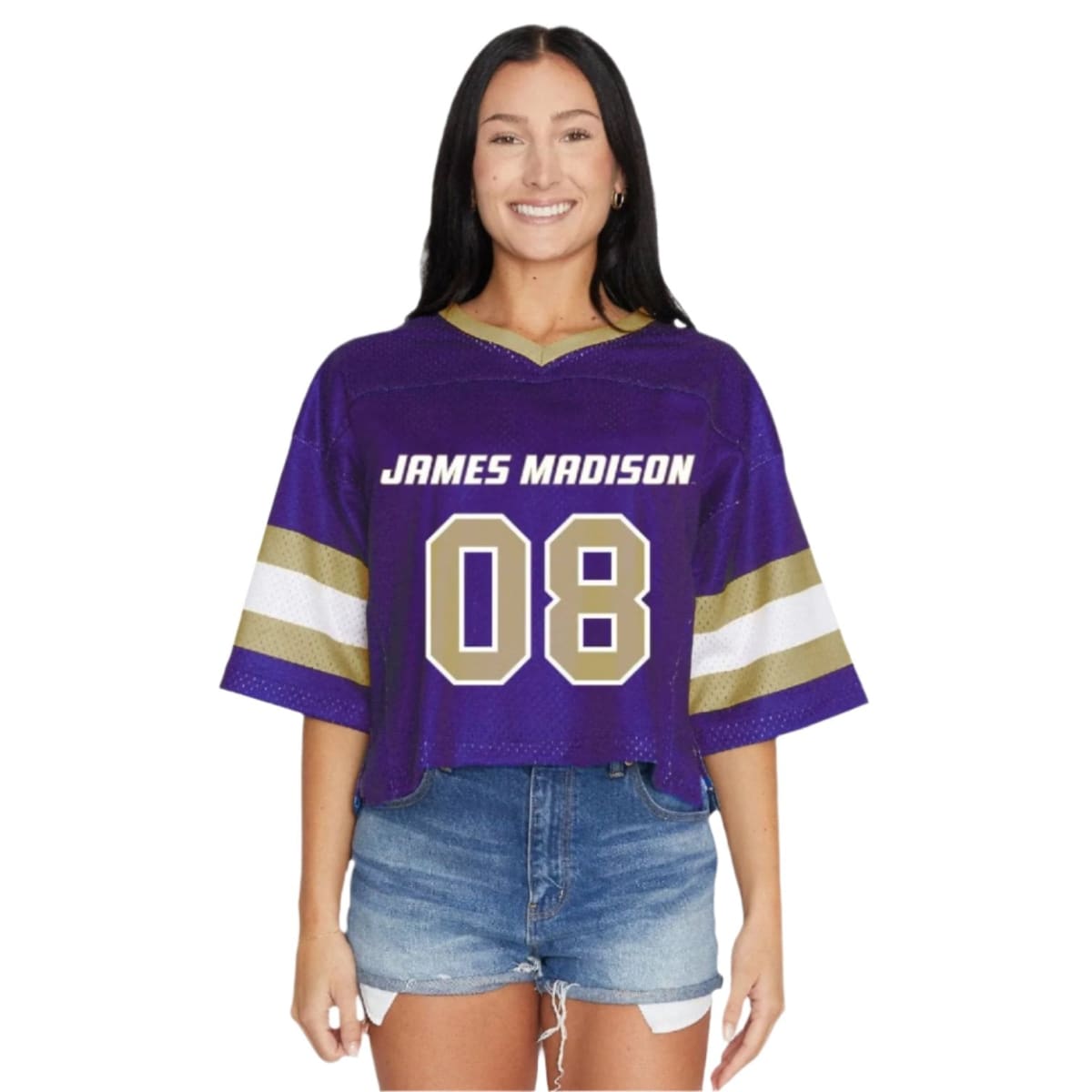 Women's cropped jersey with authentic James Madison University colors and logo. Made from soft 100% polyester fabric, it fits true to size and is modeled in a medium. Officially licensed by Lo + Jo Bands. Perfect for all JMU fans. Go Sun Dukes!