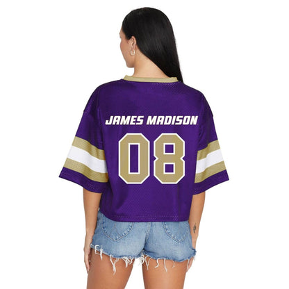 Women's cropped jersey with authentic James Madison University colors and logo. Made from soft 100% polyester fabric, it fits true to size and is modeled in a medium. Officially licensed by Lo + Jo Bands. Perfect for all JMU fans. Go Sun Dukes!