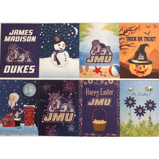 JMU Garden Flag Season Pack featuring various seasonal flags, including designs with James Madison Dukes themes for holidays like Halloween, Christmas, and Easter. Available at Purple Nation stores in Dulles and Glen Allen.