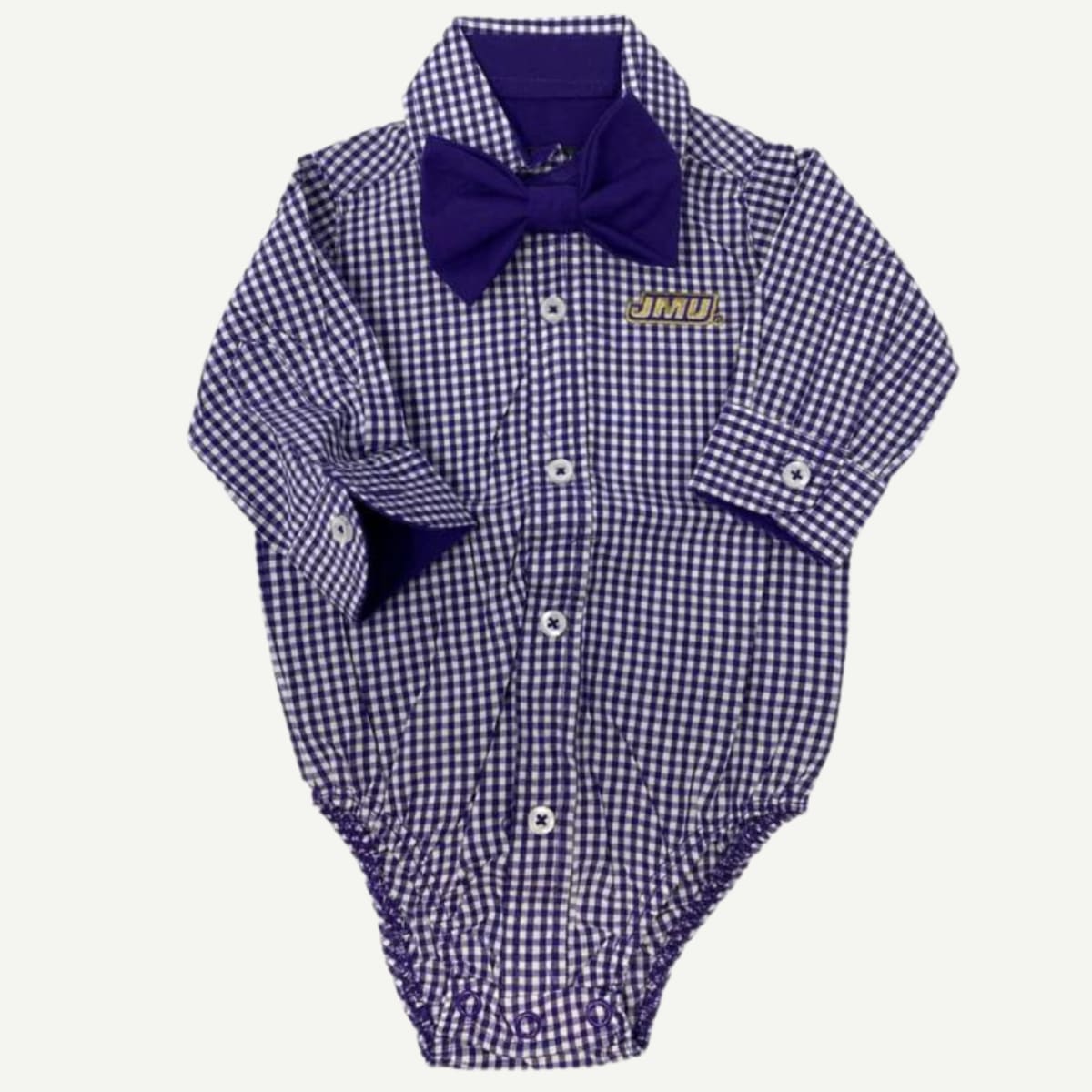 JMU Gingham Bodysuit with Purple Bow Tie, Official JMU Baby Apparel, Stylish Baby Bodysuit, Gingham Pattern, Purple Lining, Contrast Cuffs, Removable Bow Tie, Working Buttons, Snap Closure