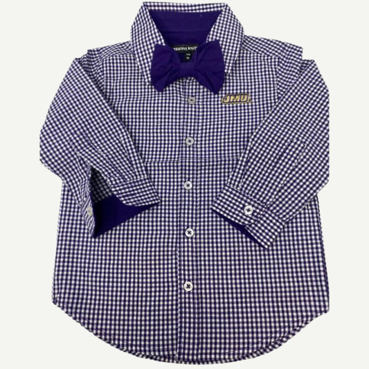 JMU Purple Dress Shirt with Gingham Bow Tie, Official JMU Baby Apparel, Stylish Baby Dress Shirt, Cotton Fabric, Gingham Collar Lining, Contrast Cuffs, Removable Bow Tie, Working Buttons