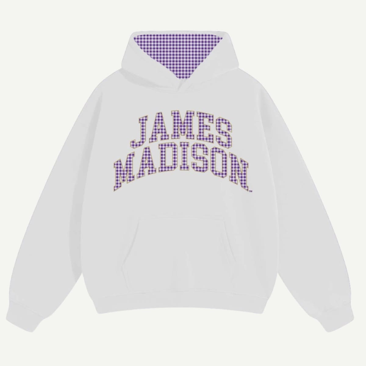 White hoodie with 'James Madison' text on a white background