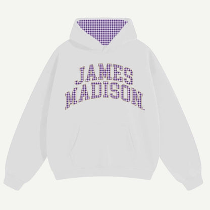 White hoodie with 'James Madison' text on a white background