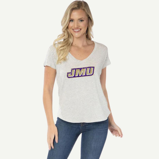 JMU Grey & White Striped Vera V-Neck Tee, Semi-Relaxed Fit, Women's Apparel, Purple Nation, Sizes XS-XXL