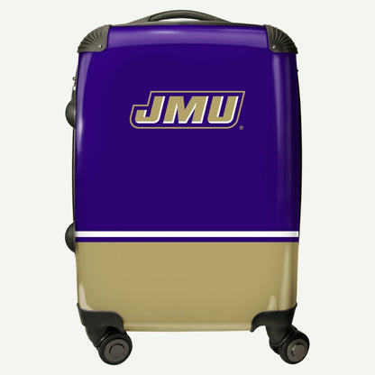 JMU hardside carry-on luggage with purple and gold design, featuring the James Madison University logo.